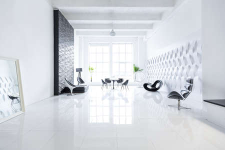 Luxurious futuristic trendy modern interior in contrasting black and white colors with interesting fashionable black furniture and decorated wallの写真素材