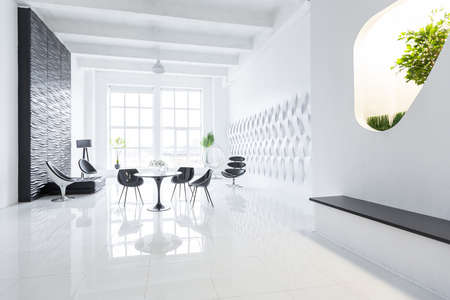 Luxurious futuristic trendy modern interior in contrasting black and white colors with interesting fashionable black furniture and decorated wallの写真素材