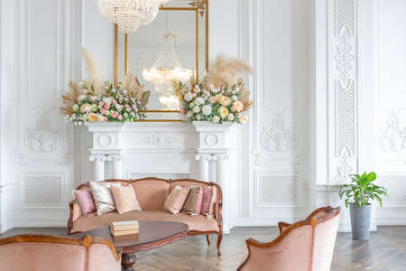 royal baroque style luxury posh interior of large room. extra white, full of day light. high ceiling...