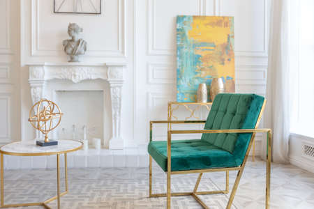 modern and very stylish interior design of large studio apartment with fashionable furniture with...