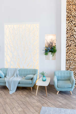 Fashionable spacious apartment with a stylish design in green, gray and white pastel colors with big...