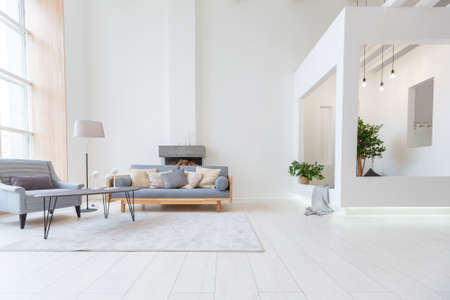 Luxury fashionable modern design studio apartment with a free layout in a minimal style. very bright huge spacious room with white walls and wooden elements.の写真素材