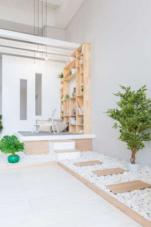Luxury fashionable modern design studio apartment with a free layout in a minimal style. very bright huge spacious room with white walls and wooden elements.の写真素材