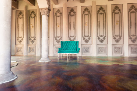 Luxury old custle interior. Large hall with columnes. beautiful furniture stylized baroque style