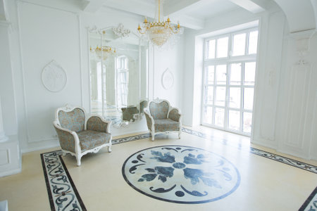 beautiful stylish chic rich clean bright blank interior. high white walls with large windows from...