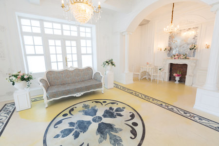 beautiful stylish chic rich clean bright blank interior. high white walls with large windows from...