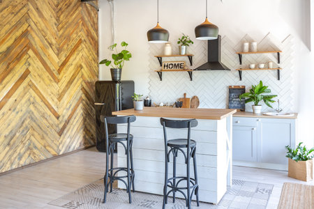 stylish kitchen interior design. white walls and wooden decoration. beautiful hammock and high...