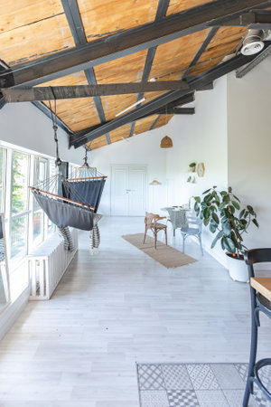 stylish kitchen interior design. white walls and wooden decoration. beautiful hammock and high...