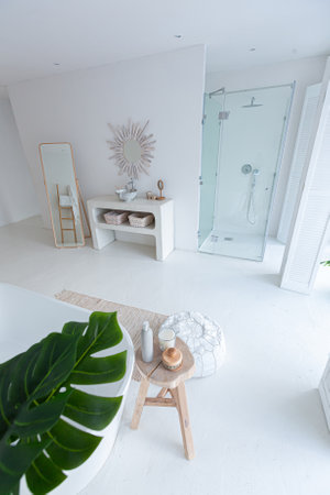 Extra white and very light minimalistic stylish elegant interior of bathroom with modern bath, green...