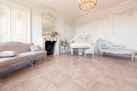 Luxurious light interior of the living room in the baroque style as in a royal castle with old stylish vintage furniture, columns, stucco on the wallsの写真素材