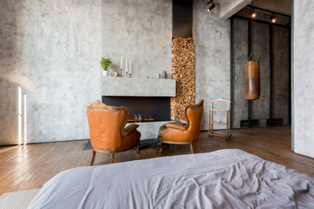 luxury studio apartment with a free layout in a loft style in dark colors. Stylish modern kitchen...