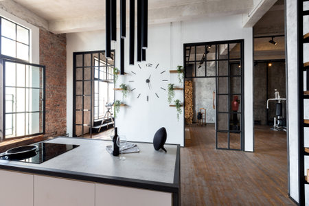 luxury studio apartment with a free layout in a loft style in dark colors. Stylish modern kitchen...