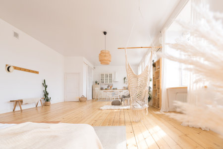 cute cozy light interior design of the apartment with a free layout of the kitchen and bedroom...