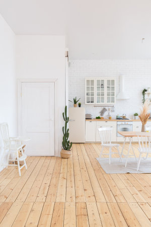 cute cozy light interior design of the apartment with a free layout of the kitchen and bedroom areas. a lot of windows, a wooden floor and a hanging swing.の写真素材