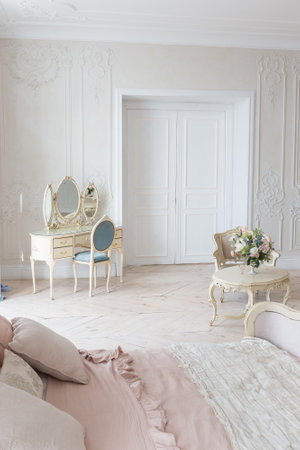 luxurious light interior in the Baroque style. A spacious room with a road chic beautiful furniture,...