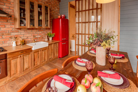 cozy all wooden interior of a country house in a wooden design. spacious living room with kitchen...