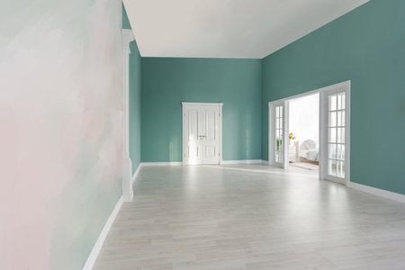 Luxurious and expensive interior of an open-plan apartment in light colors. Stylish modern bedroom with minimal design, dining area and guest space.の写真素材