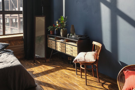 dark interior of a modern stylish huge open-plan loft-style studio apartment with columns and high ceilings. dark blue primed walls are decorated with wood. sunlight enters through huge windows.の写真素材