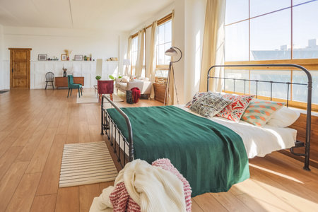 Vintage studio apartment interior in light colors in old style. huge room with large windows with a living room area and a bedroom area. direct sunlight inside.の写真素材