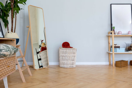 The interior design of the studio apartment in Scandinavian style. A spacious huge room in light colors. stylish expensive luxury furniture.の写真素材