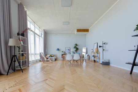 The interior design of the studio apartment in Scandinavian style. A spacious huge room in light colors. stylish expensive luxury furniture.の写真素材