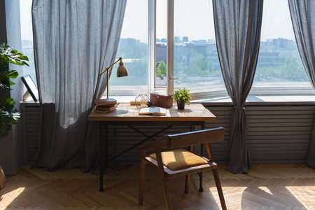 elegant creative modern trendy interior of a spacious open plan Scandinavian style studio with seating and sleeping areasの写真素材