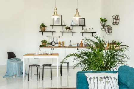 spacious studio apartment decorated with wood and white. Minimalist design with huge windows in the...