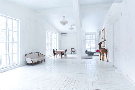 Spacious bright living room with a stylish modern design with elements of antique decor and...