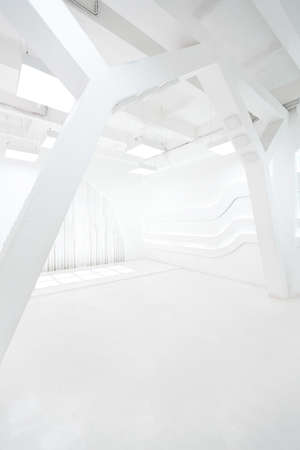 Abstract futuristic empty room interior in white with illumination in the style of a spaceship. geometric decoration on the walls.の写真素材