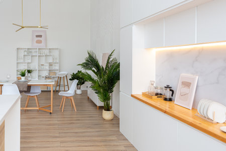 interior design spacious bright studio apartment in Scandinavian style and warm pastel white and beige colors. trendy furniture in the living area and modern details in the kitchen area.の写真素材
