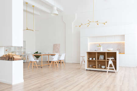 interior design spacious bright studio apartment in Scandinavian style and warm pastel white and beige colors. trendy furniture in the living area and modern details in the kitchen area.の写真素材