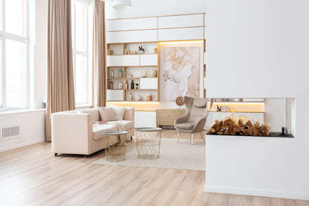 interior design spacious bright studio apartment in Scandinavian style and warm pastel white and...