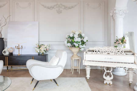 rich luxurious interior of a cozy room with modern stylish furniture nd grand piano, decorated with baroque columns and stucco on the wallsの写真素材