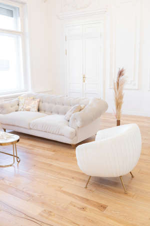 very light baroque style luxury interior of big sitting room. White walls decorated with awesome stucco. Royal style apartment with chic furniture with gold elementsの写真素材