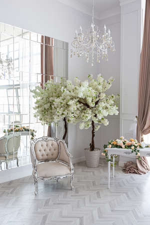 luxurious bright spacious guest room with beautiful chic furniture a huge floor-to-ceiling window in a royal style is decorated with green plants, white walls with stucco and a fireplaceの写真素材