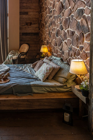 dark cozy interior of big country wooden house, wooden furniture and animal furs. huge panoramic window and very high ceiling.の写真素材