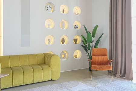 modern open-plan room interior in futuristic style in pastel colors with graphic wall decoration....