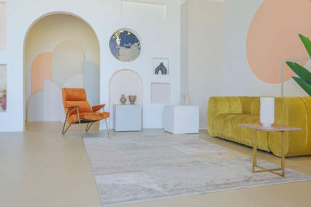 modern open-plan room interior in futuristic style in pastel colors with graphic wall decoration....