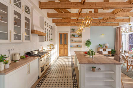 modern expensive luxurious open-plan apartment. Rich Scandinavian-style interior with wooden beams...