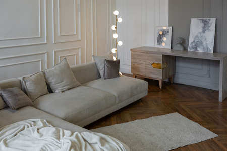 minimalistic interior of an ultra modern open plan apartment with white and gray walls with a relief...