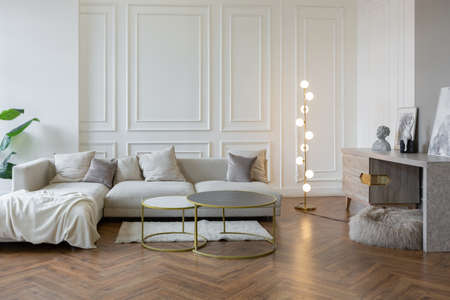 minimalistic interior of an ultra modern open plan apartment with white and gray walls with a relief...