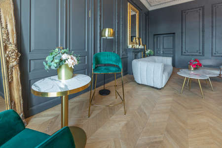 chic interior of the room in the Renaissance style of the 19th century with modern luxury furniture....