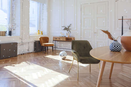expensive modern light luxury interior design of a spacious living room with wooden elements and...