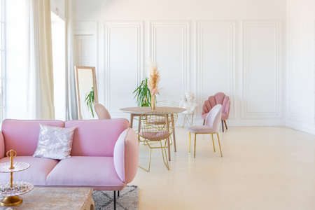 delicate and cozy light interior of the living room with modern stylish furniture of pastel pink color and white walls with stucco moldings in daylightの写真素材