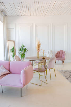 delicate and cozy light interior of the living room with modern stylish furniture of pastel pink color and white walls with stucco moldings in daylightの写真素材