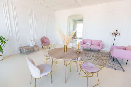 delicate and cozy light interior of the living room with modern stylish furniture of pastel pink color and white walls with stucco moldings in daylightの写真素材
