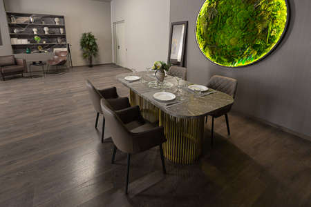brutal interior of an ultra-modern spacious one-room apartment in dark colors super cool led...