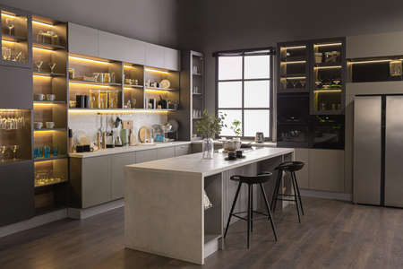 stylish luxury kitchen interior in an ultra-modern spacious apartment in dark colors with super cool...