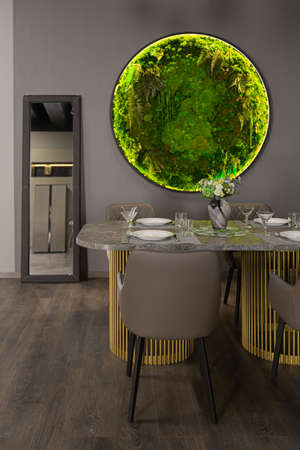 stylish luxurious dining room interior in an ultra-modern apartment in dark colors with a very cool...