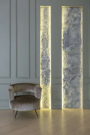 chic modern trendy apartment interior design. trendy green and powdery pink walls. stylish lighting and huge panoramic windowsの写真素材